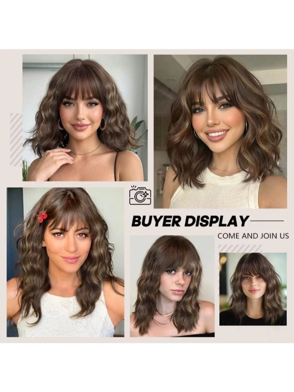 Women's Brown Highlight 16 Inch Wavy Wig Bangs Shoulder Length Synthetic Hair